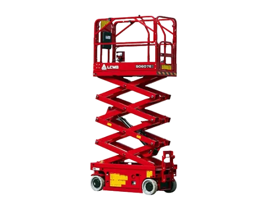 LGMG electric scissor lift fully extended for hire in Sydney