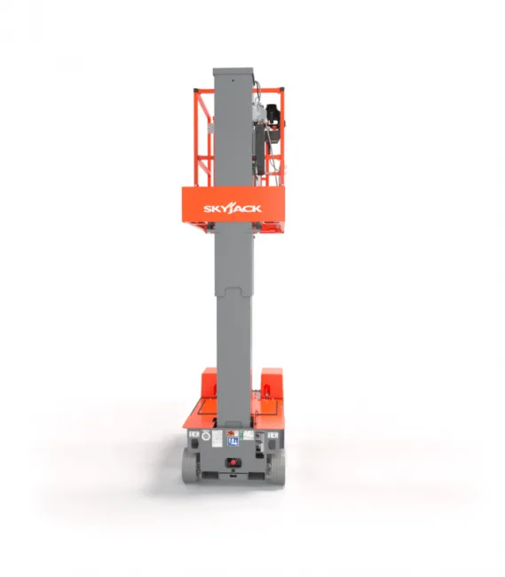 Skyjack SJ12 vertical mast lift raised to working height, front view, available for hire from Equip Hire in Sydney.