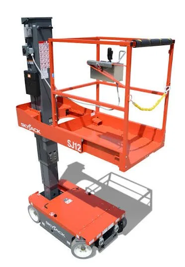 Skyjack SJ12 vertical mast lift raised to working height — view 2, available for hire from Equip Hire in Sydney.