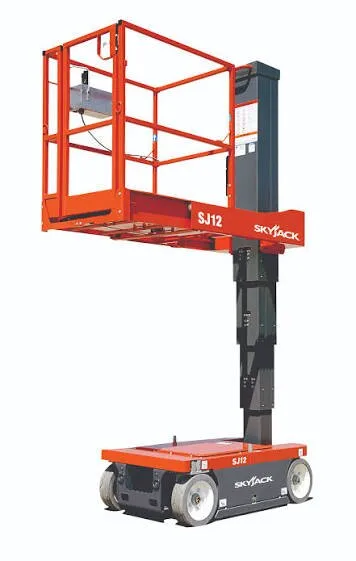 Skyjack SJ12 12ft vertical mast lift raised to working height, available for hire from Equip Hire in Sydney.