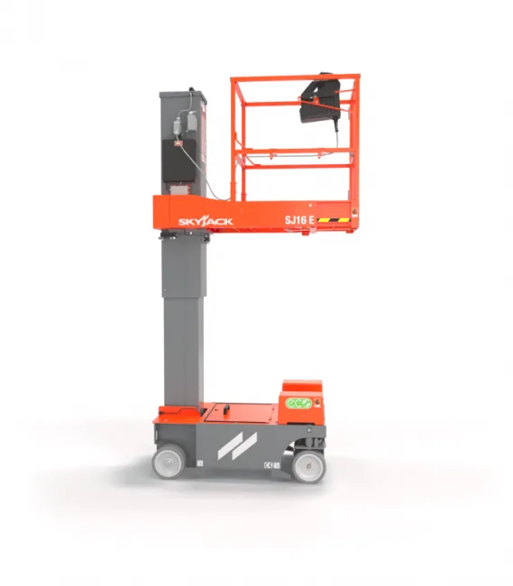 Skyjack SJ16 vertical mast lift raised to working height — view 2, available for hire from Equip Hire in Sydney.