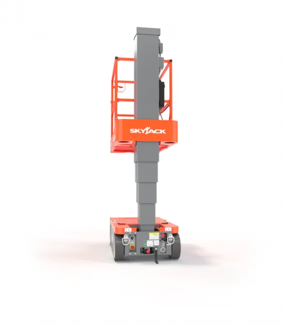 Skyjack SJ16 vertical mast lift raised to working height — view 3, available for hire from Equip Hire in Sydney.