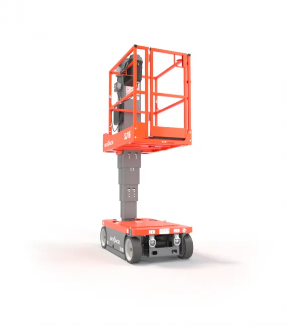Skyjack SJ16 16ft vertical mast lift, three quarter view, available for hire from Equip Hire in Sydney.