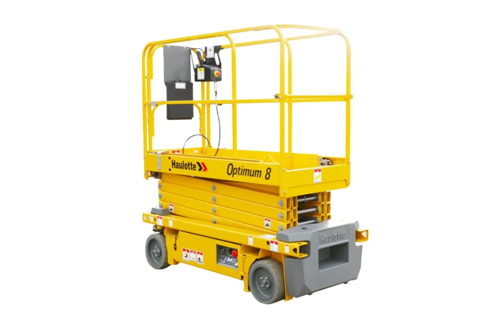Haulotte Optimum 8 electric scissor lift in the stowed position, available for hire from Equip Hire in Sydney.