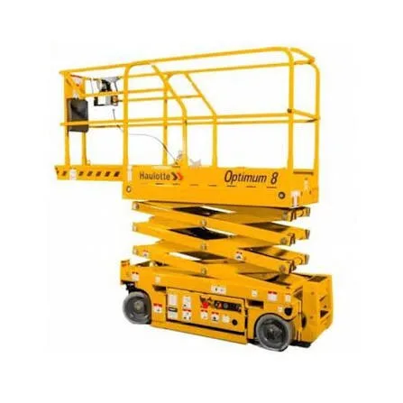 Haulotte Optimum 8 19ft electric scissor lift raised to working height, available for hire from Equip Hire in Sydney.