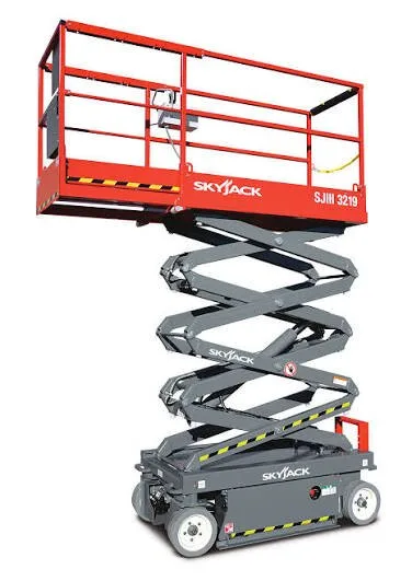 Skyjack SJIII 3219 19ft electric scissor lift raised to working height, available for hire from Equip Hire in Sydney.