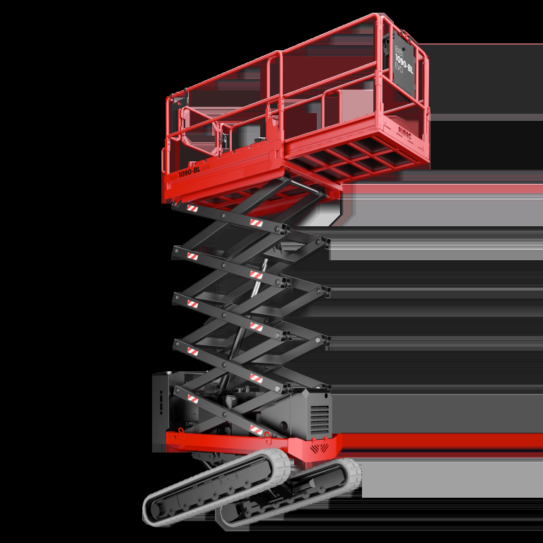 Almac Athena 870 BL EVO 19ft tracked bi-levelling scissor lift in the stowed position, available for hire from Equip Hire in Sydney.