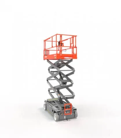 Skyjack SJ4726 electric scissor lift raised to working height, side profile, available for hire from Equip Hire in Sydney.