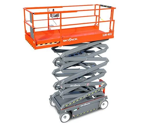 Skyjack SJ4726 electric scissor lift raised to working height, three quarter view, available for hire from Equip Hire in Sydney.