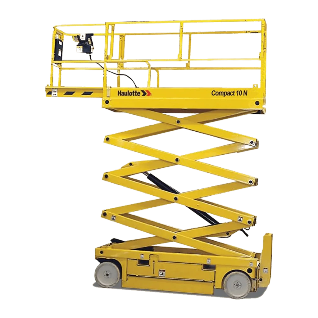 Haulotte Compact 8N 26ft narrow electric scissor lift raised to working height, available for hire from Equip Hire in Sydney.