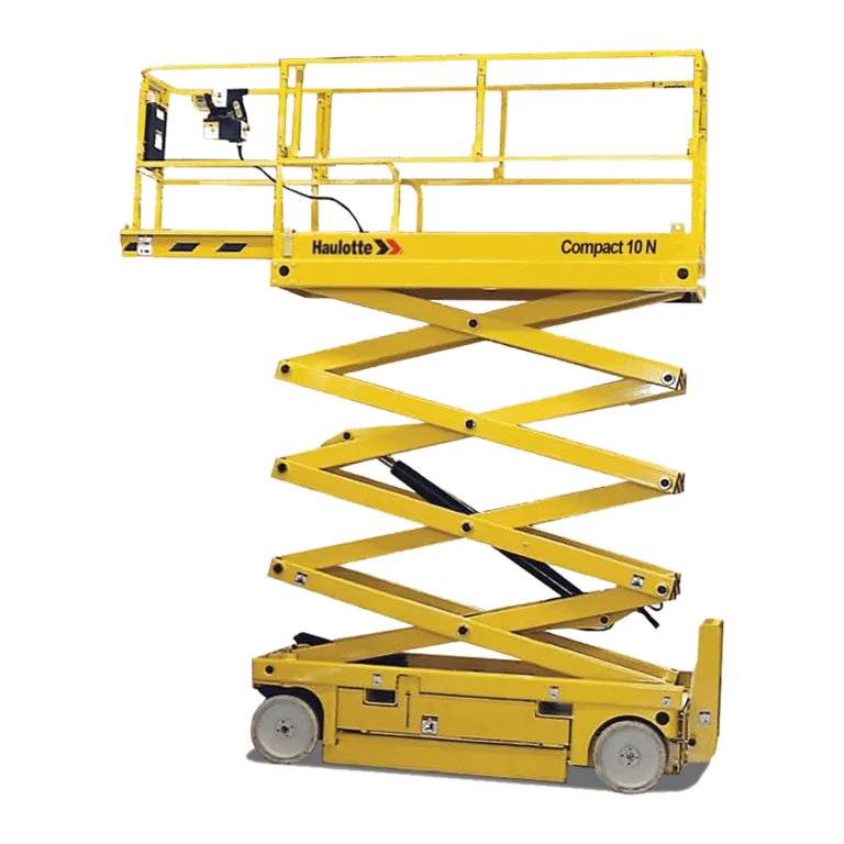 Haulotte Compact 8N 26ft narrow electric scissor lift raised to working height, available for hire from Equip Hire in Sydney.