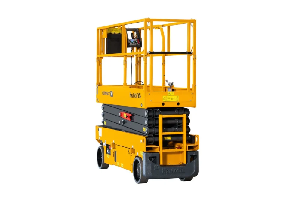 Haulotte Compact 8N narrow electric scissor lift in the stowed position, available for hire from Equip Hire in Sydney.