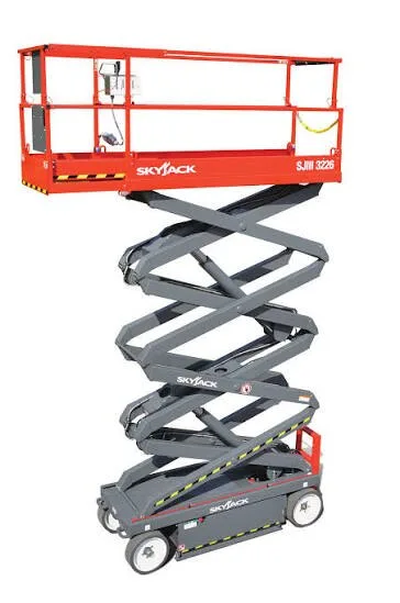 Skyjack SJIII 3226 narrow electric scissor lift, side profile, available for hire from Equip Hire in Sydney.