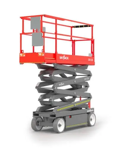 Skyjack SJIII 3226 narrow electric scissor lift in the stowed position — view 3, available for hire from Equip Hire in Sydney.