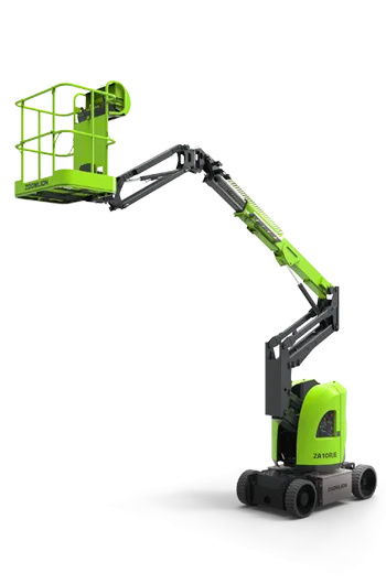 Zoomlion ZA10RJE 31ft electric knuckle boom lift with the boom raised and extended, available for hire from Equip Hire in Sydney.