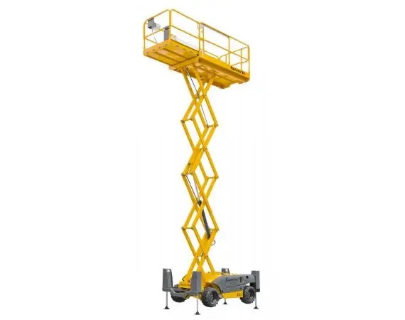 Haulotte Compact 12 DX rough terrain scissor lift raised to working height — view 2, available for hire from Equip Hire in Sydney.