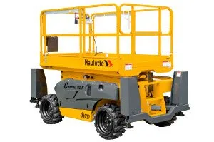 Haulotte Compact 12 DX rough terrain scissor lift in the stowed position, available for hire from Equip Hire in Sydney.