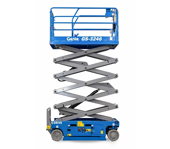 Genie GS-3246 electric scissor lift, front view, available for hire from Equip Hire in Sydney.