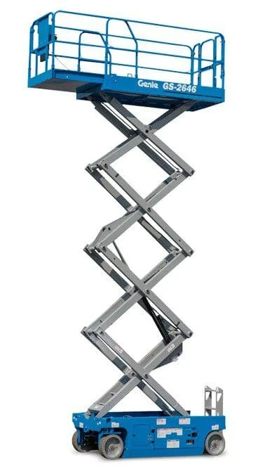 Genie GS-3246 electric scissor lift, side profile, available for hire from Equip Hire in Sydney.