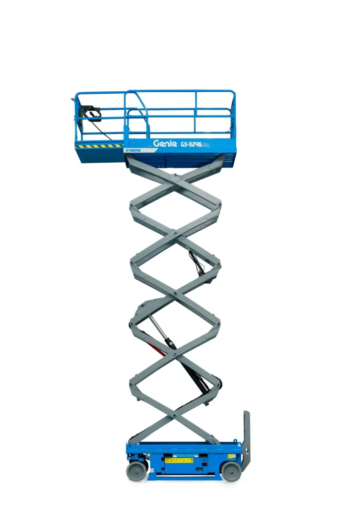 Genie GS-3246 electric scissor lift in the stowed position — view 2, available for hire from Equip Hire in Sydney.