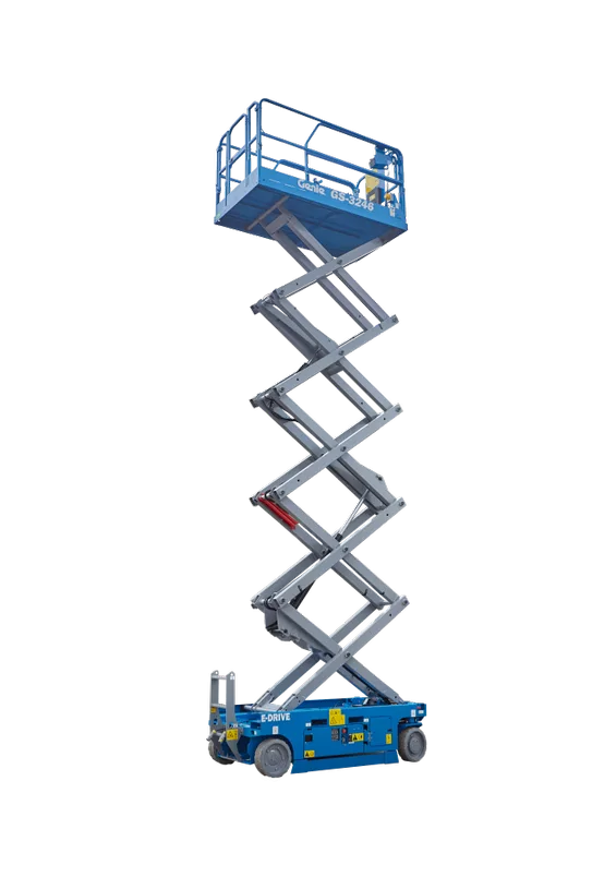 Genie GS-3246 32ft electric scissor lift in the stowed position, available for hire from Equip Hire in Sydney.