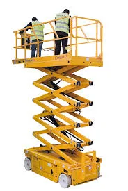 Haulotte Compact 12 32ft electric scissor lift raised to working height, available for hire from Equip Hire in Sydney.