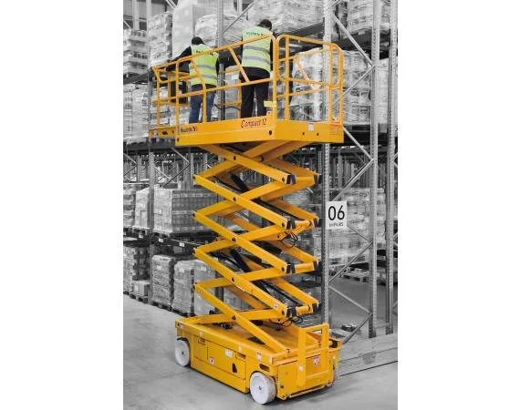 Haulotte Compact 12 electric scissor lift working indoors on a finished floor, available for hire from Equip Hire in Sydney.