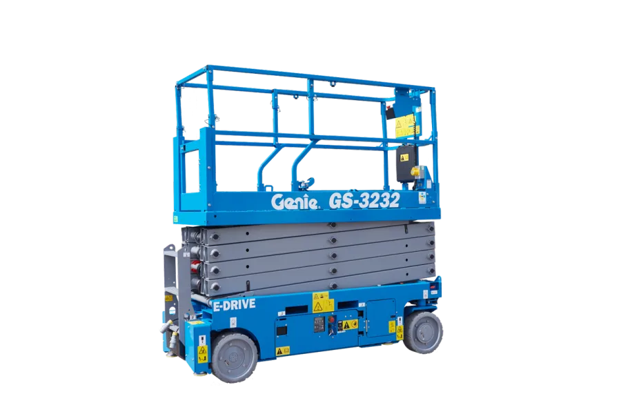 Genie GS-3232 narrow electric scissor lift in the stowed position — view 2, available for hire from Equip Hire in Sydney.