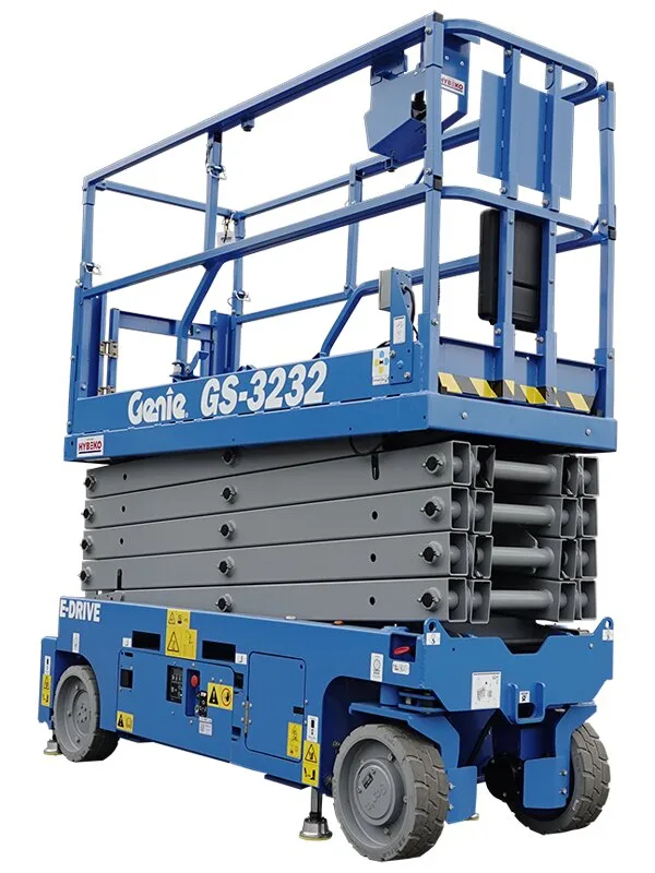 Genie GS-3232 narrow electric scissor lift, three quarter view, available for hire from Equip Hire in Sydney.