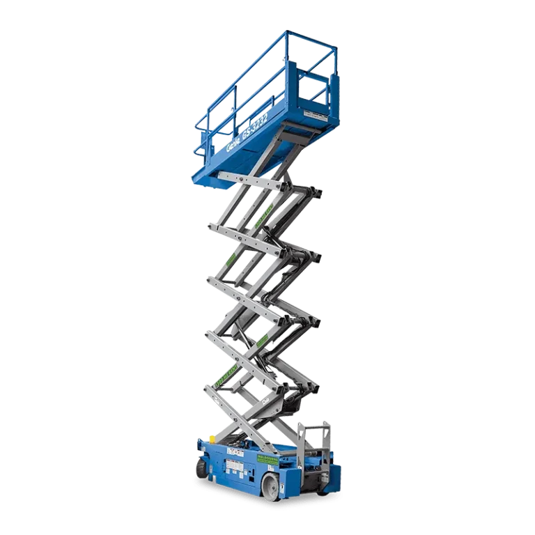 Genie GS-3232 32ft narrow electric scissor lift in the stowed position, available for hire from Equip Hire in Sydney.