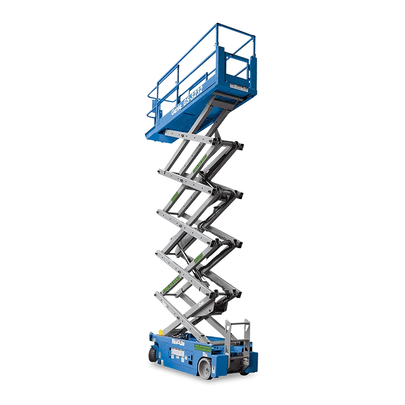 Genie GS-3232 32ft narrow electric scissor lift in the stowed position, available for hire from Equip Hire in Sydney.