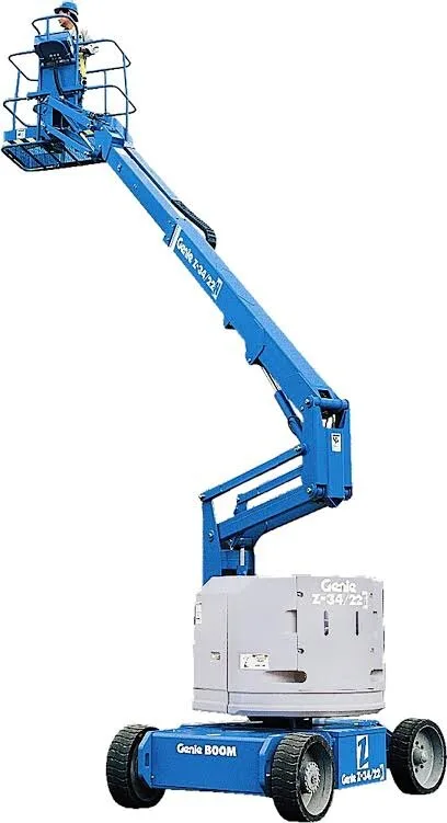 Genie Z-34/22 34ft knuckle boom lift with the boom raised and extended, available for hire from Equip Hire in Sydney.