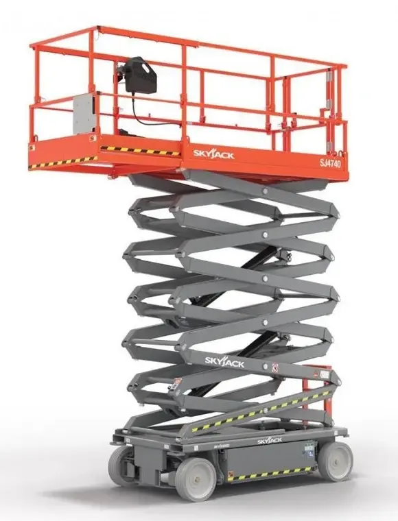 Skyjack SJIII 4740 electric scissor lift raised to working height, front view, available for hire from Equip Hire in Sydney.