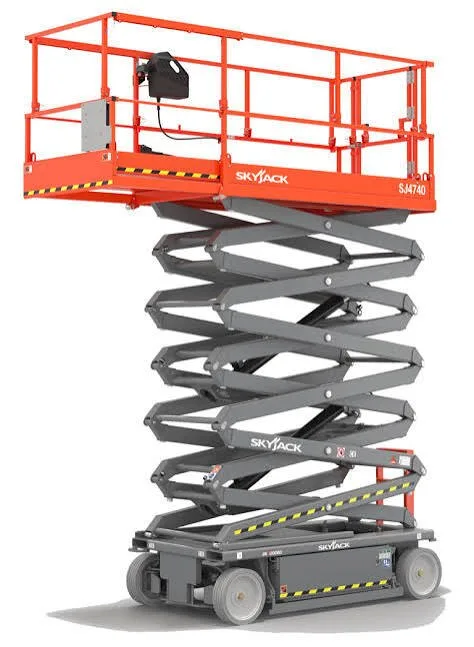 Skyjack SJIII 4740 electric scissor lift raised to working height — view 2, available for hire from Equip Hire in Sydney.