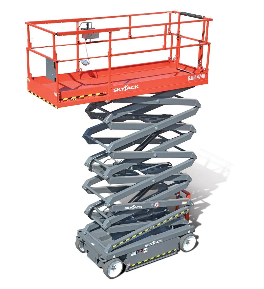 Skyjack SJIII 4740 40ft electric scissor lift raised to working height, available for hire from Equip Hire in Sydney.