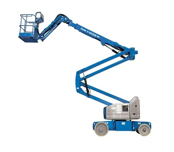 Genie Z-40/23N RJ knuckle boom lift raised to working height — view 2, available for hire from Equip Hire in Sydney.