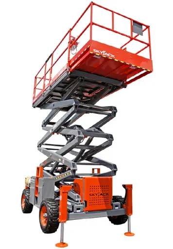 Skyjack SJ8841 RT rough terrain scissor lift raised to working height, front view, available for hire from Equip Hire in Sydney.
