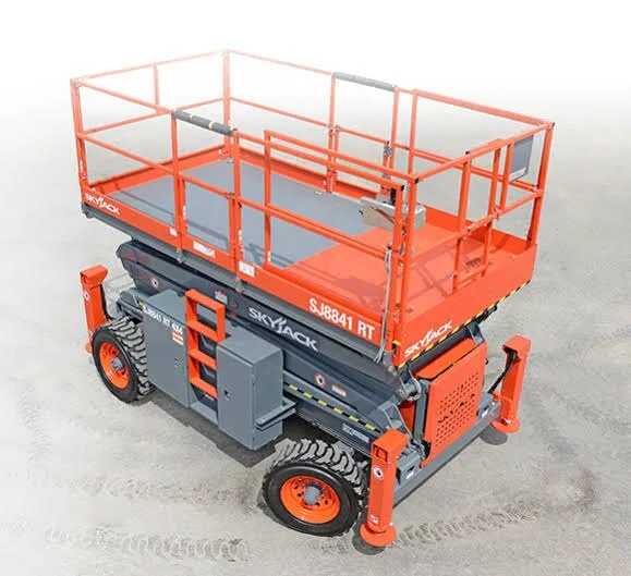 Work platform and guardrails on the Skyjack SJ8841 RT rough terrain scissor lift, available for hire from Equip Hire in Sydney.