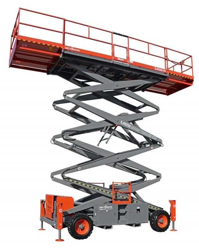Skyjack SJ8841 RT rough terrain scissor lift raised to working height, three quarter view, available for hire from Equip Hire in Sydney.