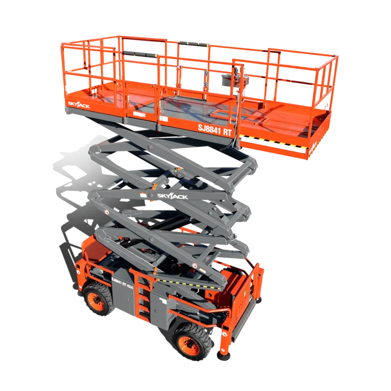 Skyjack SJ8841 RT 41ft diesel rough terrain scissor lift, three quarter view, available for hire from Equip Hire in Sydney.