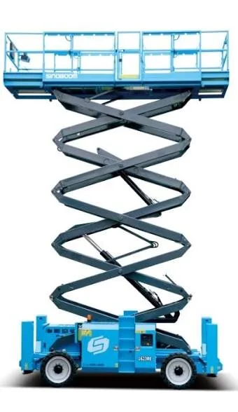 Sinoboom 1323RD rough terrain scissor lift raised to working height, front view, available for hire from Equip Hire in Sydney.
