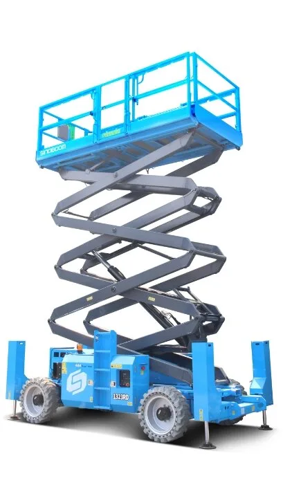 Sinoboom 1323RD 43ft diesel rough terrain scissor lift, three quarter view, available for hire from Equip Hire in Sydney.