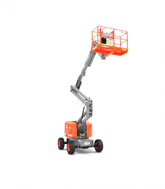 Skyjack SJ46 AJ 46ft diesel knuckle boom lift with the boom raised and extended, available for hire from Equip Hire in Sydney.
