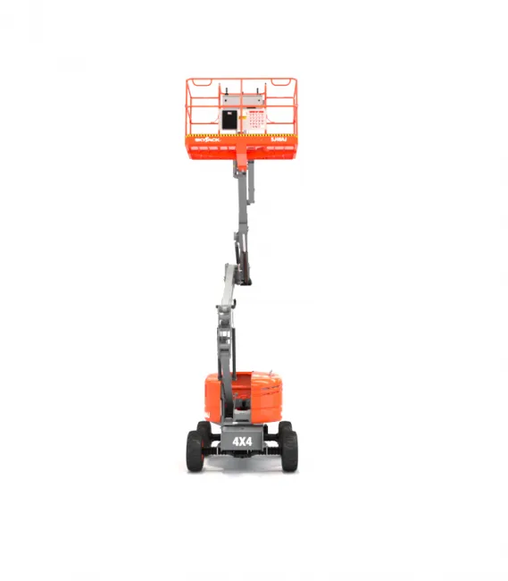 Skyjack SJ46 AJ knuckle boom lift in the stowed position, front view, available for hire from Equip Hire in Sydney.