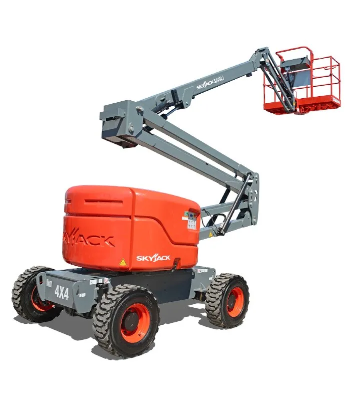 Skyjack SJ46 AJ knuckle boom lift raised to working height, three quarter view, available for hire from Equip Hire in Sydney.