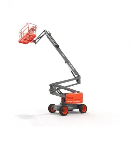 Skyjack SJ51 AJ 51ft diesel knuckle boom lift raised to working height, available for hire from Equip Hire in Sydney.