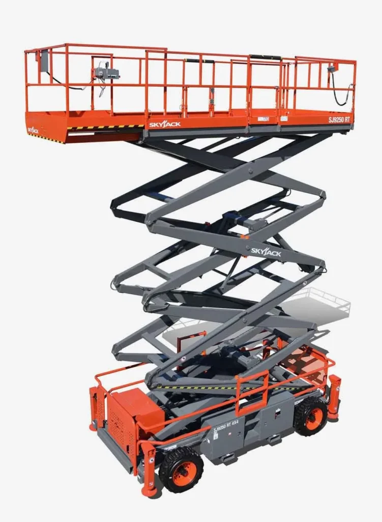 Skyjack SJ9253 RT rough terrain scissor lift, three quarter view — view 2, available for hire from Equip Hire in Sydney.