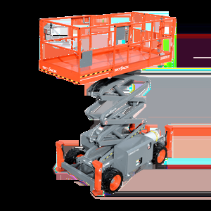 Skyjack SJ9253 RT rough terrain scissor lift, three quarter view — view 3, available for hire from Equip Hire in Sydney.