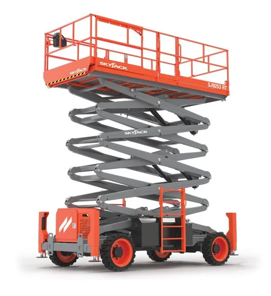 Skyjack SJ9253 RT 53ft diesel rough terrain scissor lift, three quarter view, available for hire from Equip Hire in Sydney.
