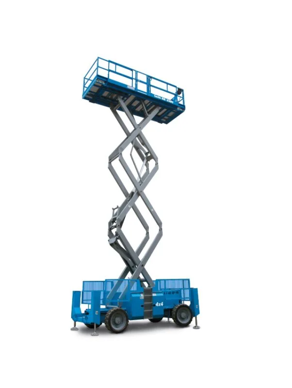 Genie GS-3369 RT rough terrain scissor lift, three quarter view — view 2, available for hire from Equip Hire in Sydney.